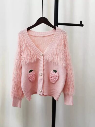 Pink Strawberry Faux with Pearls Button Cardigan